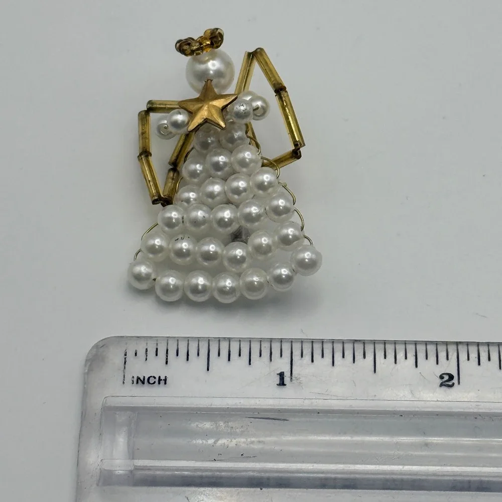 Vintage Handmade Pearl Angel Brooch Gold Tone Christmas Holiday Pin Faux Pearl